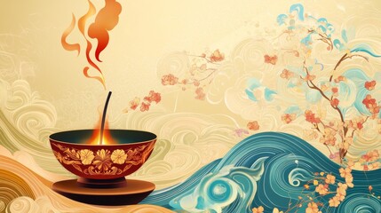 28.A vector art composition featuring an incense stick burning in a traditional holder, surrounded by abstract waves and floral motifs representing relaxation and spirituality.