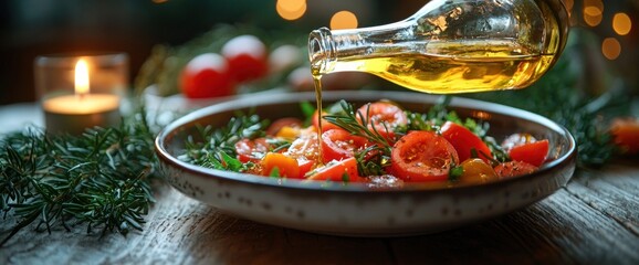 Close up shot of Olive oil pouring over fresh salad on wooden surface