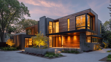 Obraz premium Modern home at dusk with warm interior lights, minimalist design. Cozy contemporary living in harmony with twilight.