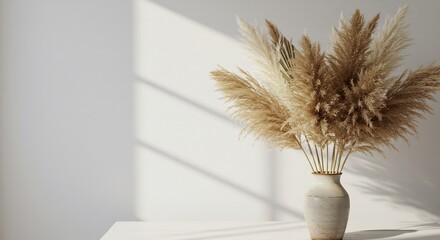 Soft light illuminates fluffy pampas grass elegantly arranged in a simple vase. AI Generated