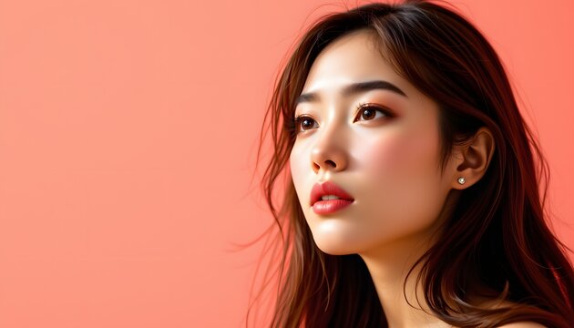 a young asian woman, bathed in the vibrant, sunny peach tones of clear daylight, gazes emptily into the distance, an idea subtly forming in her mind, her expression suggests a quiet contemplation
