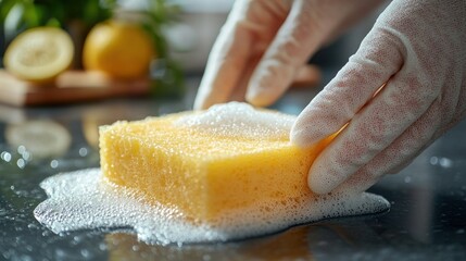 Close-up of gloved hands cleaning a kitchen surface with soapy sponge