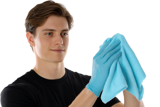 Cleaning Action by a Young Man with Blue Gloves Indoor Setting Focus on Hygiene Professional View