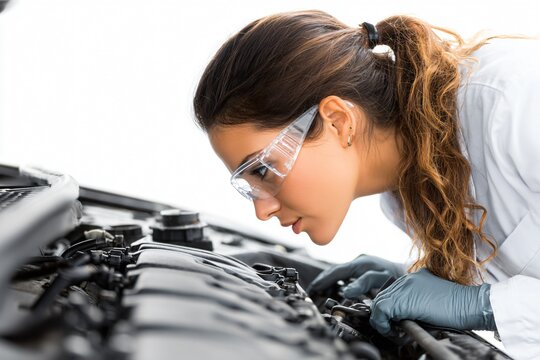 Engine Repair Action by Female Mechanic in Workshop Technical Skills on Display