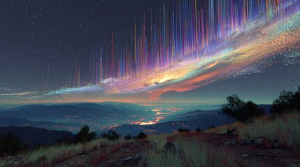 Sweeping mountain vista at dusk featuring radiant celestial aurora and a softly glowing city below