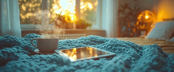 Cozy morning scene with steaming coffee, tablet, and warm blue blanket by the window