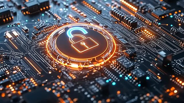 High-tech circuit board with glowing unlock symbol, representing cybersecurity and digital protection