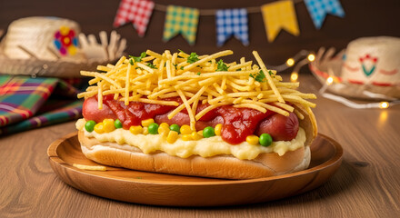 Brazilian hot dog with mashed potatoes served at traditional Festa Junina celebration
