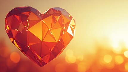 Geometric orange heart symbolizing love and affection against a warm sunset backdrop.