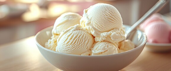 Delicious vanilla ice cream scoops in a white bowl with blurred background