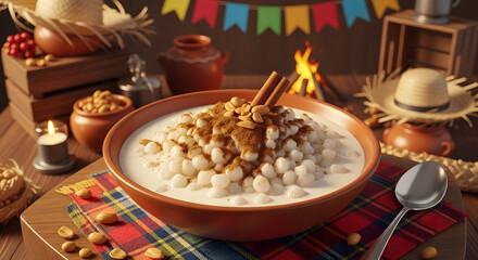 Brazilian white canjica dessert served at Festa Junina celebration

