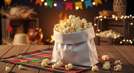 Brazilian popcorn served in white paper bag at Festa Junina celebration
