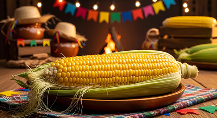 Brazilian boiled corn on the cob in husk at Festa Junina celebration
