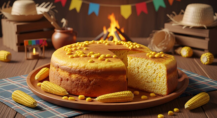 Traditional tall Brazilian corn cake served at Festa Junina celebration
