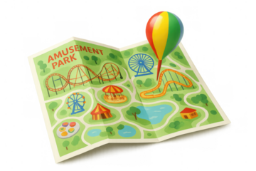 Vintage park map pinned with hot air balloon marker, revealing rollercoaster and ferris wheel locations against transparent surface