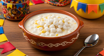 Brazilian white canjica dessert served at Festa Junina celebration
