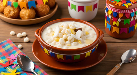 Brazilian white canjica dessert served at Festa Junina celebration
