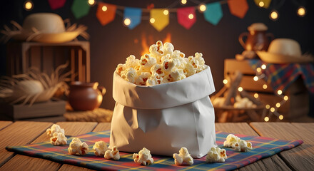 Brazilian popcorn served in white paper bag at Festa Junina celebration
