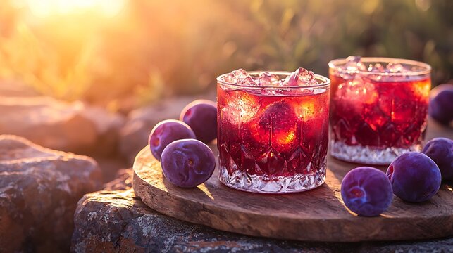 Bush plum cordial purple plums warm light to emphasize rich purple hues against rugged outback 70mm lens outback backdrop
