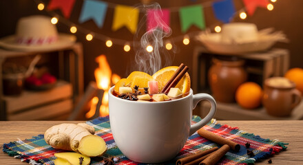 Hot Brazilian Quent&atilde;o drink at Festa Junina celebration
