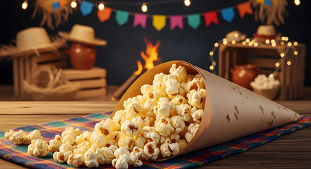 Brazilian popcorn served in white paper bag at Festa Junina celebration
