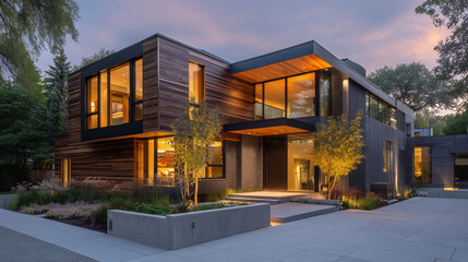 Fototapeta premium Modern home at dusk with warm interior lights, minimalist design. Cozy contemporary living in harmony with twilight.