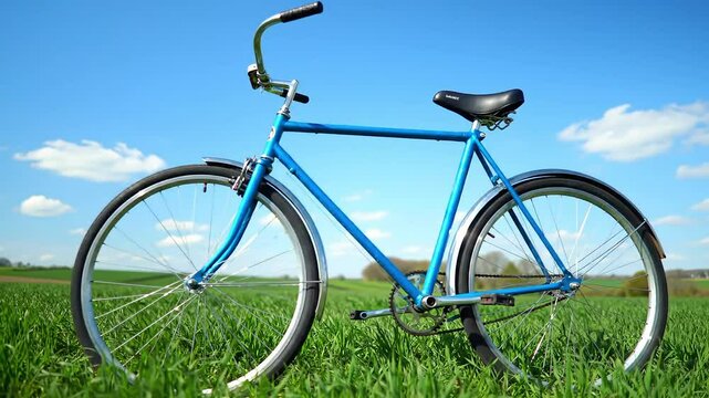 Blue bicycle on green grass field under clear blue sky with ai generated