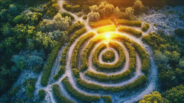 A large, circular maze is surrounded by trees and grass. The sun is shining brightly on the maze, creating a warm and inviting atmosphere. The maze appears to be a peaceful and serene place