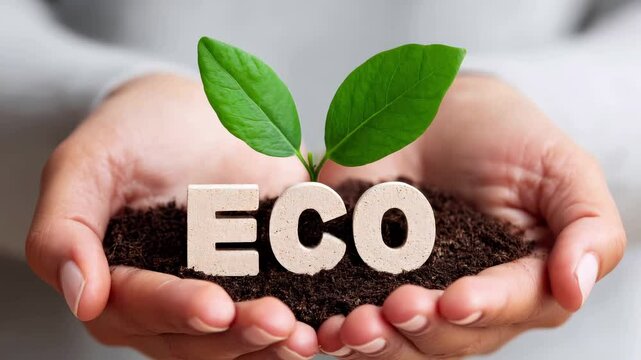 Eco friendly sustainability concept with green plant seedling growing from soil in protective cupped hands. Environmental conservation, nature protection, ecological responsibility, organic growth
