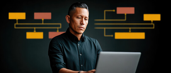 Business professional analyzing data on laptop modern office environment digital workflow visualization focused perspective productivity insights for success