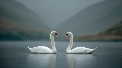 Fototapeta premium Elegant swans engaging in courtship dance serene lake wildlife photography tranquil environment close-up view nature's beauty