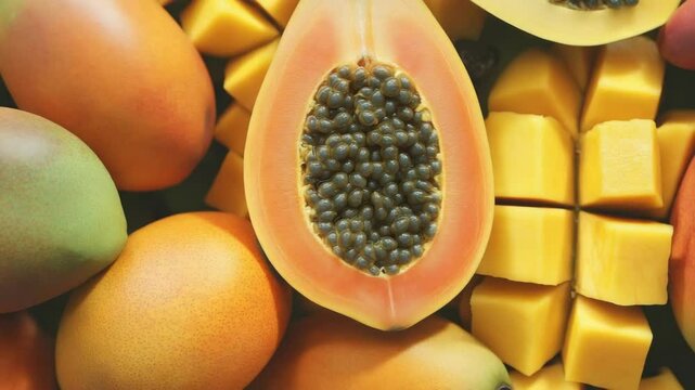 Bunch of tropical fruits including mango, dragon fruit and soursop on a vibrant display.