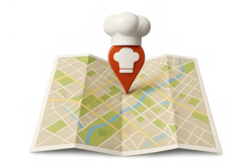 Location pin marking restaurant on paper city map, chef hat icon highlighting dining destination for food delivery and culinary business marketing