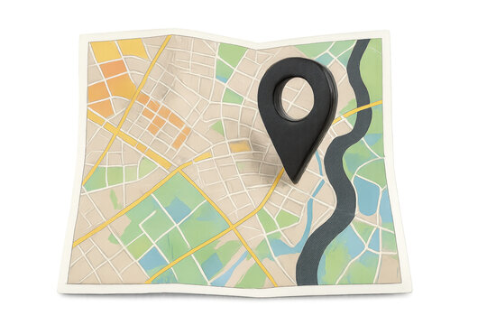 Black location pin marking folded paper city map, 3d rendering with transparent background, highlighting travel and navigation themes
