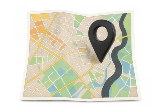 Black location pin marking folded paper city map, 3d rendering with transparent background, highlighting travel and navigation themes