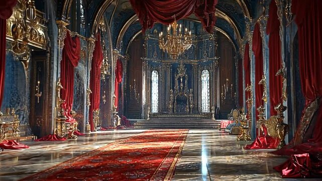 majestic castle hall with red velvet drapes and ornate gold accents revealing architectural splendor