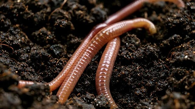 Closeup Macro Photography of Earthworms in Dark Soil:  A Detailed Look at Annelid Worms in their Natural Habitat
