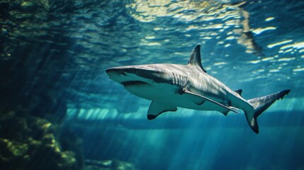 Naklejka premium Shark swimming calmly but aimlessly inside a sterile tank, artistic metaphor for stagnation generative ai