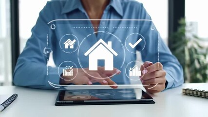 Real estate professional using digital tablet with property house icons interface, home investment technology, management platform, residential market analytics, smart solutions. - Powered by Adobe