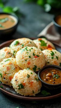 A serving of fried samosas with a dipping sauce, served as an appetizer or side in Indian cuisine. The samosas are filled with spiced potatoes and peas, seasoned with cumin and coriander.