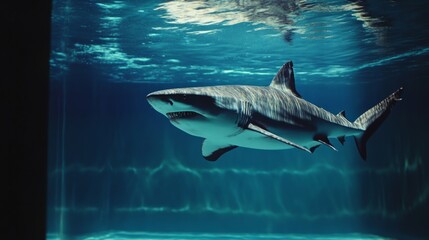 Fototapeta premium Shark swimming calmly but aimlessly inside a sterile tank, artistic metaphor for stagnation generative ai