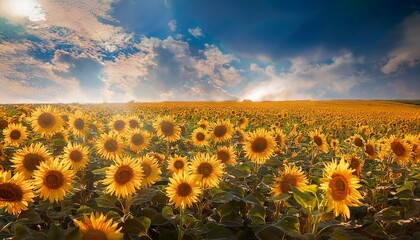 Fototapeta premium sunflowers on summer cloudy sky summer background of sunflower field