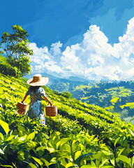 Fototapeta premium Refreshing Green Tea Leaves and Brewed Drink: Natural, Healthy, and Antioxidant-Rich Beverage