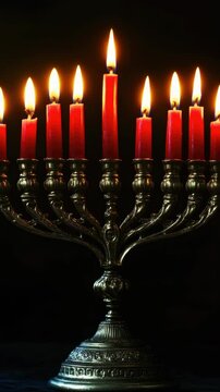 A traditional Hanukkah menorah with eight lit candles.