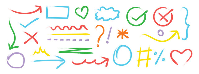 Hand drawn crayon child pencil style icon set. Cute , heart, crown, flower in colorful kid doodle style. Crayon pencil style. Vector illustration