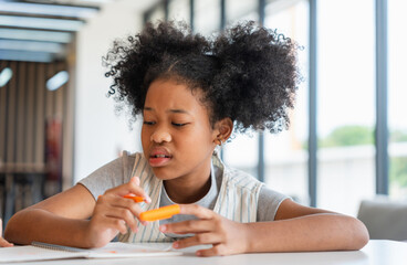 Young African American Girl Focusing on Her Drawing, Young Girls Learning at a Table, Children...