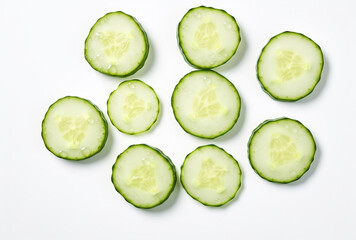 Simple and clean top-down view of cucumber slices, showcasing hydration, seed detail, and fresh-cut texture, isolated for food design applications