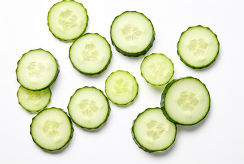 Clean, high-resolution image of crisp cucumber slices photographed from above, perfect for menus, diet visuals, or wellness and nutrition campaigns