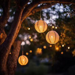Handmade paper lanterns hanging from a tree during twilight.