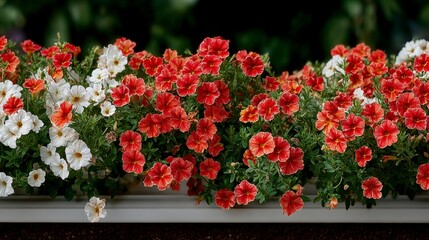 Fototapeta premium Vibrant Red White Petunia Flowers in Window Box Garden Decor Blooming Plants